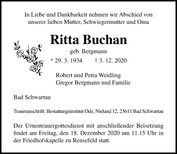 Traueranzeige von Ritta Buchan von Lübecker Nachrichten