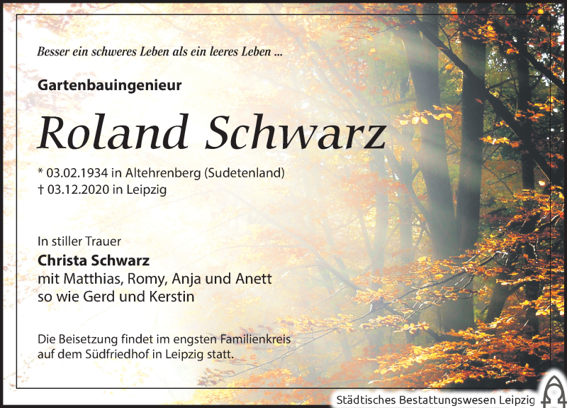  Traueranzeige für Roland Schwarz vom 19.12.2020 aus Leipziger Volkszeitung