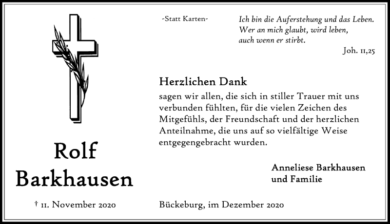  Traueranzeige für Rolf Barkhausen vom 19.12.2020 aus Schaumburger Nachrichten
