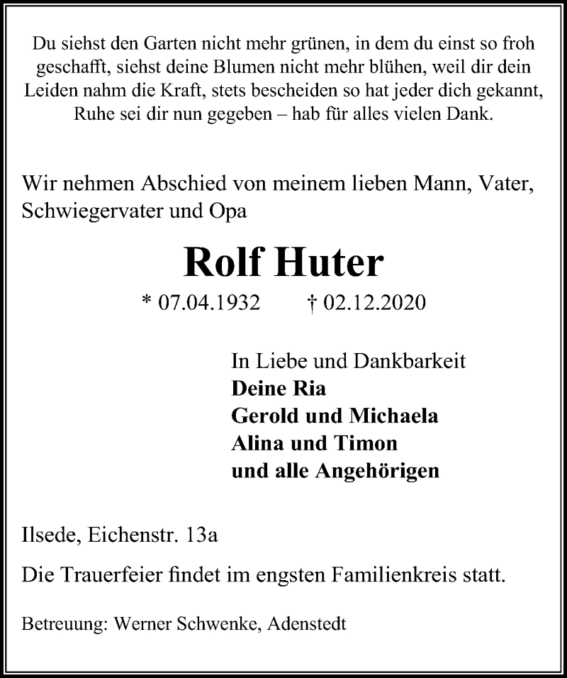  Traueranzeige für Rolf Huter vom 05.12.2020 aus Peiner Allgemeine Zeitung