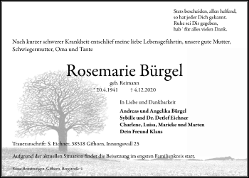 Traueranzeige von Rosemarie Bürgel von Aller Zeitung
