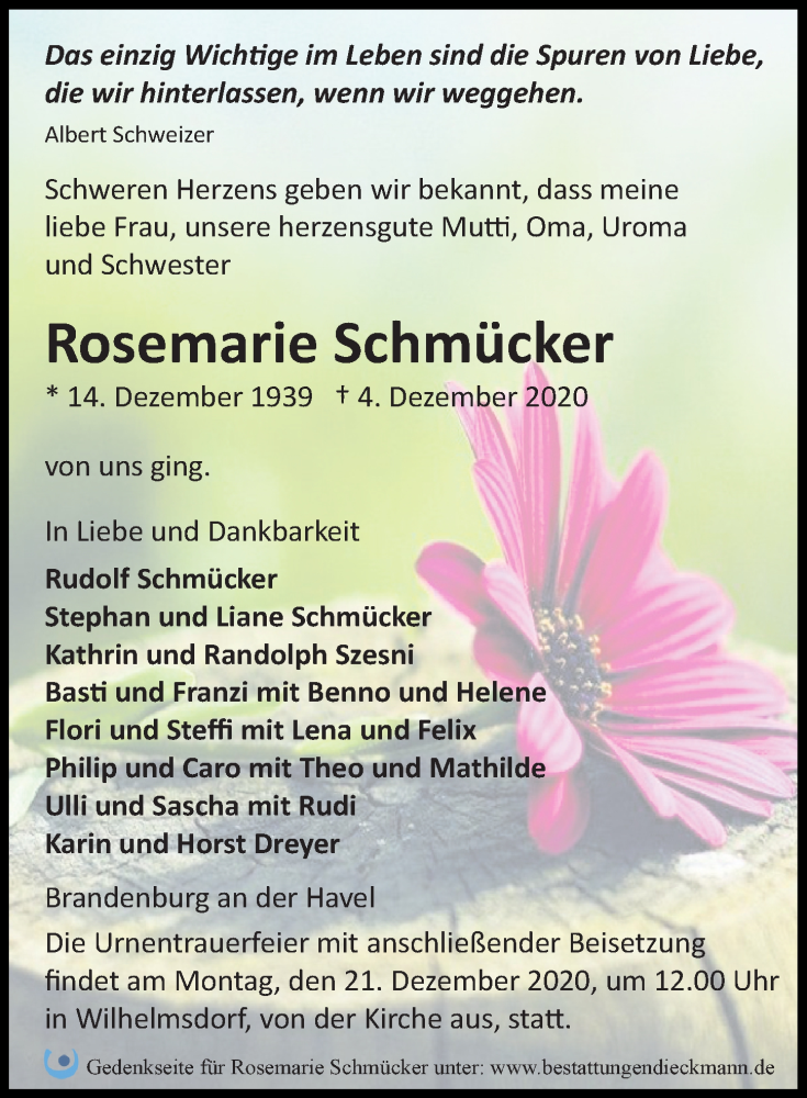  Traueranzeige für Rosemarie Schmücker vom 12.12.2020 aus Märkischen Allgemeine Zeitung
