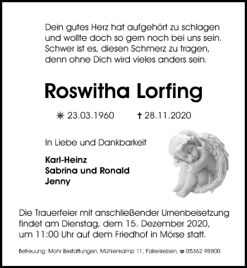 Traueranzeige von Roswitha Lorfing von Aller Zeitung