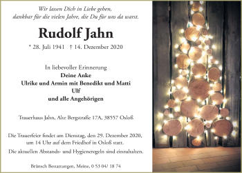 Traueranzeige von Rudolf Jahn von Aller Zeitung