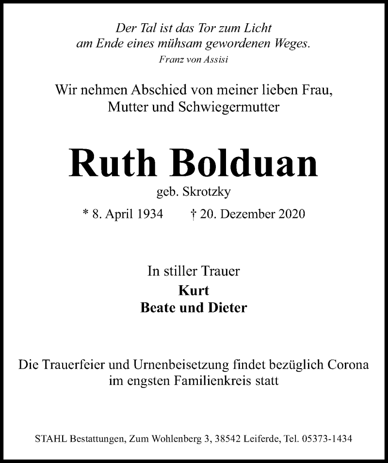  Traueranzeige für Ruth Bolduan vom 30.12.2020 aus Aller Zeitung