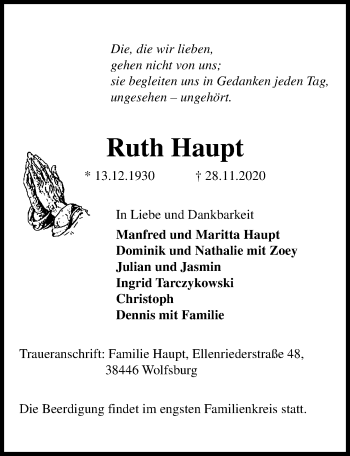 Traueranzeige von Ruth Haupt von Aller Zeitung