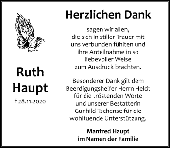 Traueranzeige von Ruth Haupt von Aller Zeitung