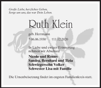 Traueranzeige von Ruth Klein von Märkischen Allgemeine Zeitung