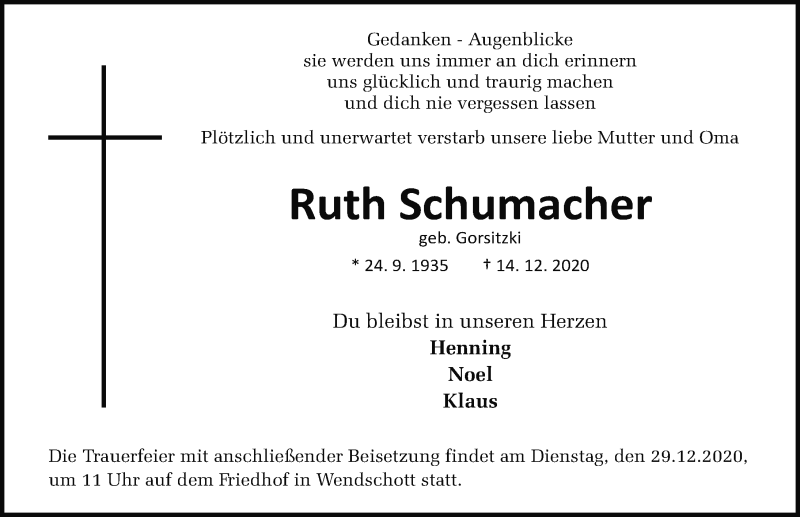  Traueranzeige für Ruth Schumacher vom 24.12.2020 aus Aller Zeitung