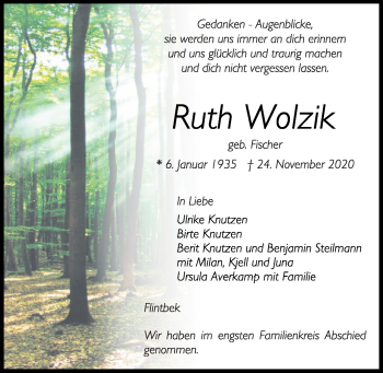 Traueranzeige von Ruth Wolzik von Kieler Nachrichten