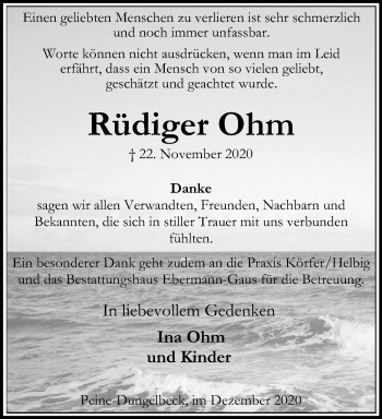 Traueranzeige von Rüdiger Ohm von Peiner Allgemeine Zeitung