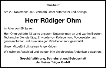 Traueranzeige von Rüdiger Ohm von Peiner Allgemeine Zeitung