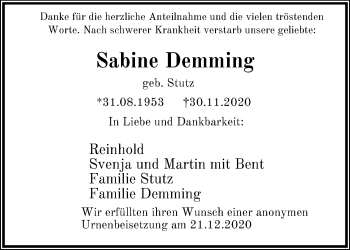Traueranzeige von Sabine Demming von Lübecker Nachrichten