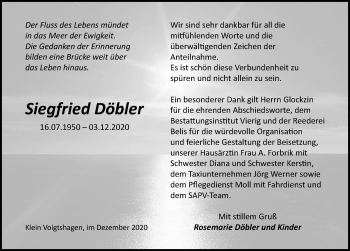 Traueranzeige von Siegfried Döbler von Ostsee-Zeitung GmbH