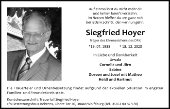 Traueranzeige von Siegfried Hoyer von Aller Zeitung