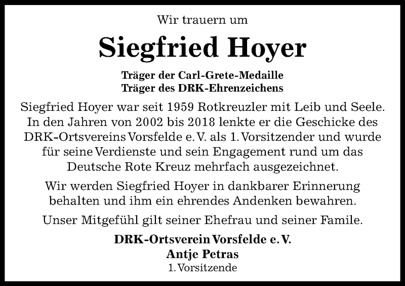  Traueranzeige für Siegfried Hoyer vom 31.12.2020 aus Aller Zeitung