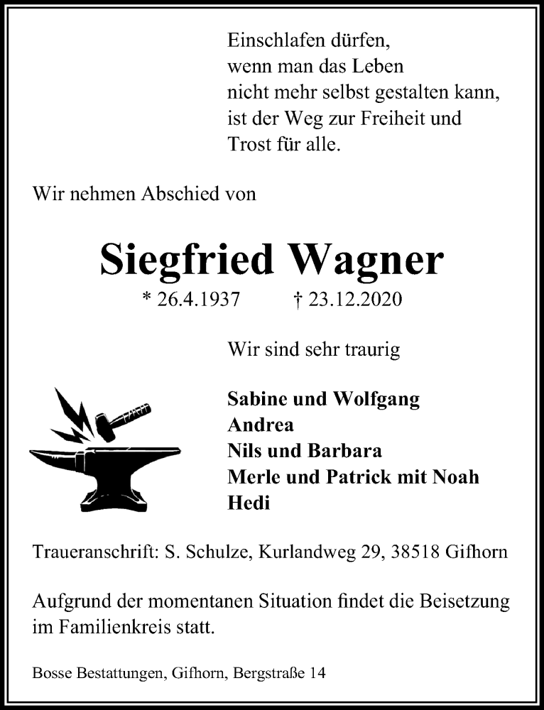  Traueranzeige für Siegfried Wagner vom 29.12.2020 aus Aller Zeitung