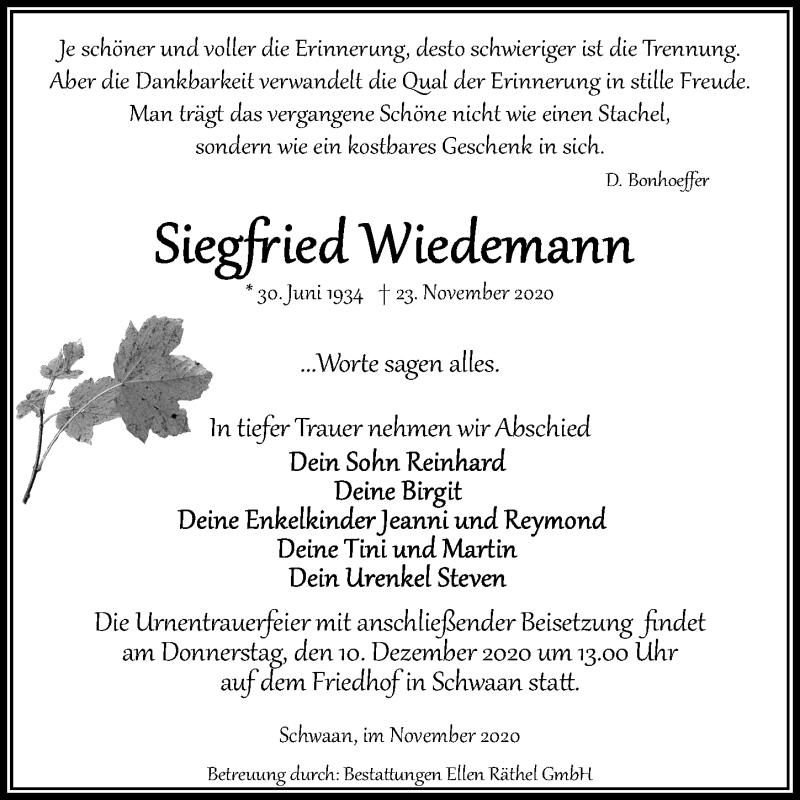  Traueranzeige für Siegfried Wiedemann vom 05.12.2020 aus Ostsee-Zeitung GmbH