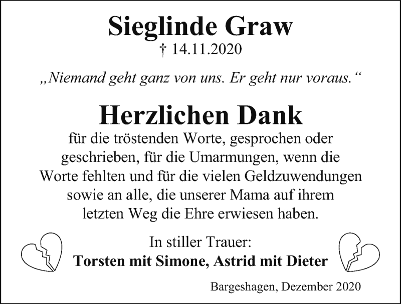  Traueranzeige für Sieglinde Graw vom 19.12.2020 aus Ostsee-Zeitung GmbH