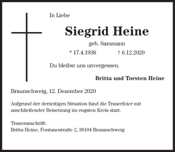 Traueranzeige von Siegrid Heine von Aller Zeitung