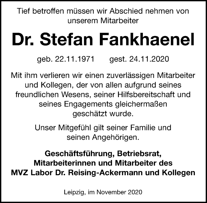  Traueranzeige für Stefan Fankhaenel vom 05.12.2020 aus Leipziger Volkszeitung