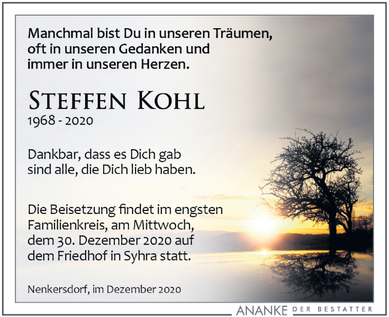  Traueranzeige für Steffen Kohl vom 28.12.2020 aus Leipziger Volkszeitung