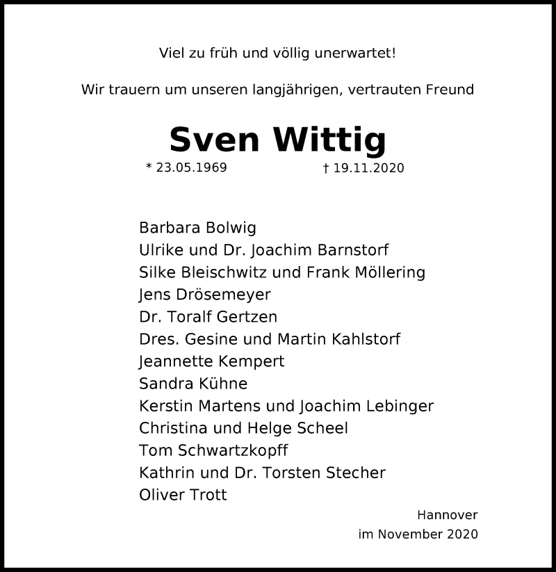  Traueranzeige für Sven Wittig vom 01.12.2020 aus Hannoversche Allgemeine Zeitung/Neue Presse