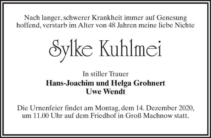 Traueranzeige für Sylke Kuhlmei vom 05.12.2020 aus Märkischen Allgemeine Zeitung
