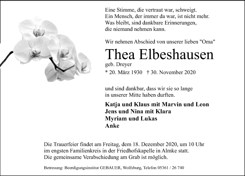  Traueranzeige für Thea Elbeshausen vom 09.12.2020 aus Aller Zeitung