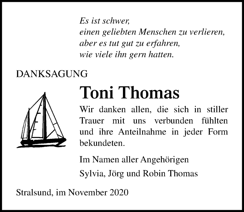  Traueranzeige für Toni Thomas vom 05.12.2020 aus Ostsee-Zeitung GmbH