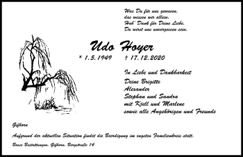 Traueranzeige von Udo Hoyer von Aller Zeitung