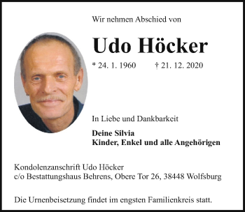 Traueranzeige von Udo Höcker von Aller Zeitung