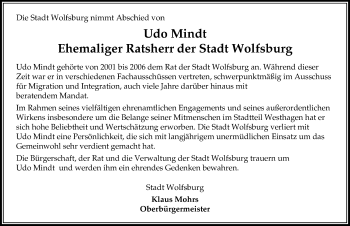 Traueranzeige von Udo Mindt von Aller Zeitung