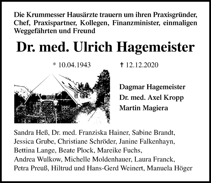  Traueranzeige für Ulrich Hagemeister vom 20.12.2020 aus Lübecker Nachrichten