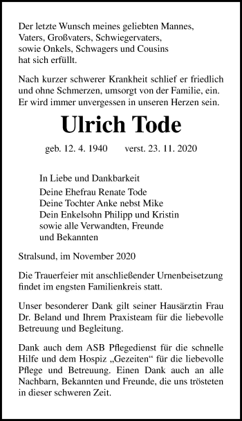 Traueranzeige von Ulrich Tode von Ostsee-Zeitung GmbH