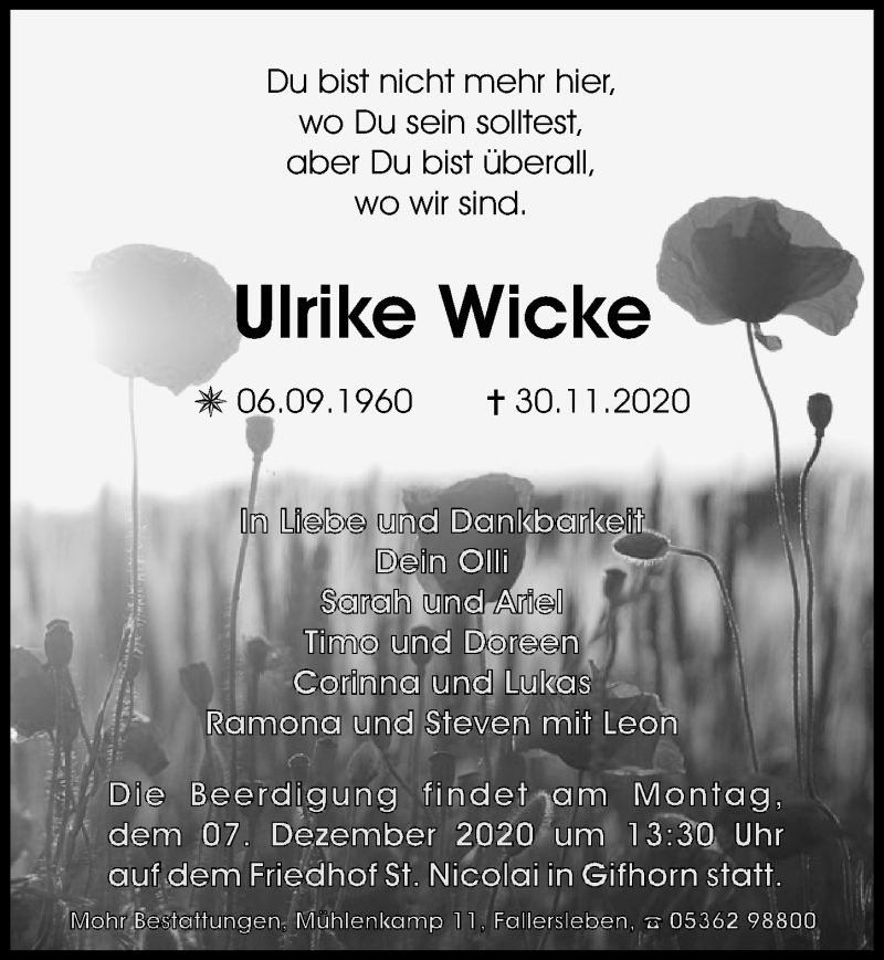  Traueranzeige für Ulrike Wicke vom 05.12.2020 aus Aller Zeitung