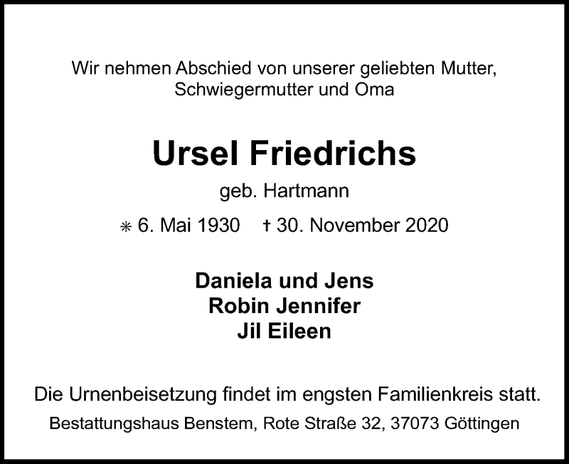  Traueranzeige für Ursel Friedrichs vom 05.12.2020 aus Göttinger Tageblatt