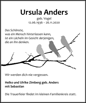 Traueranzeige von Ursula Anders von Aller Zeitung