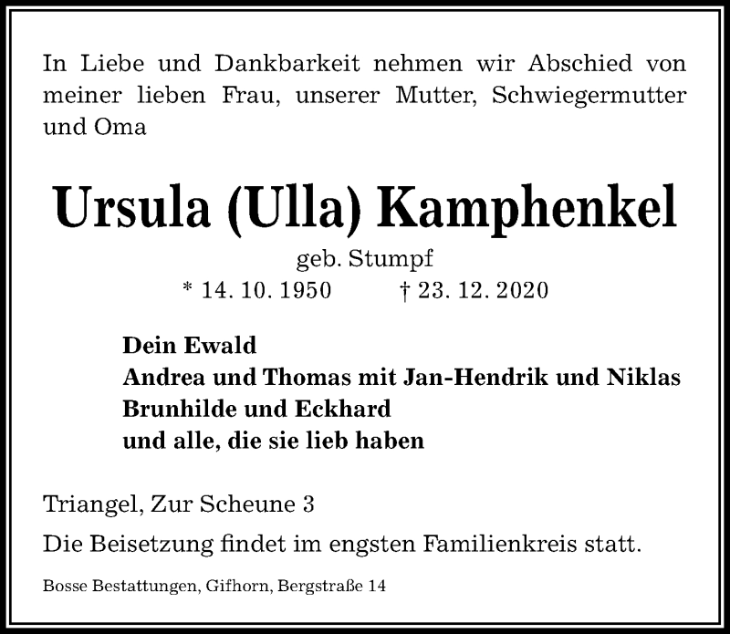  Traueranzeige für Ursula  Kamphenkel vom 29.12.2020 aus Aller Zeitung