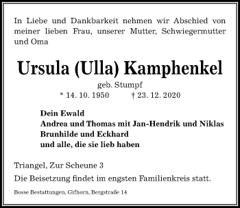 Traueranzeige von Ursula  Kamphenkel von Aller Zeitung