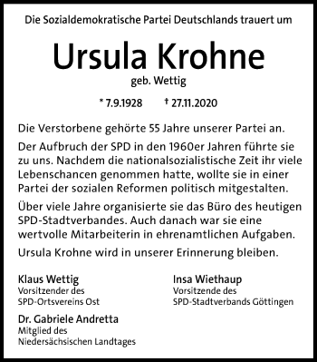 Traueranzeige von Ursula Krohne von Göttinger Tageblatt
