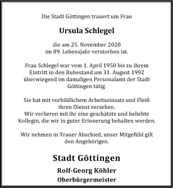 Traueranzeige von Ursula Schlegel von Göttinger Tageblatt