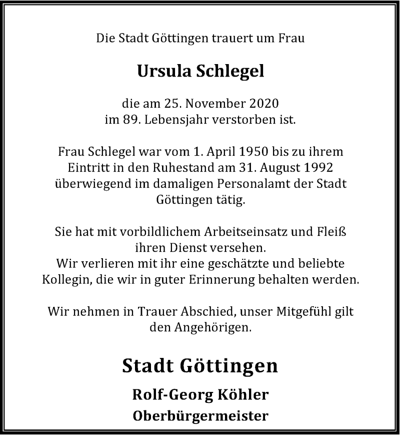  Traueranzeige für Ursula Schlegel vom 12.12.2020 aus Göttinger Tageblatt