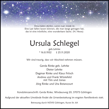 Traueranzeige von Ursula Schlegel von Göttinger Tageblatt