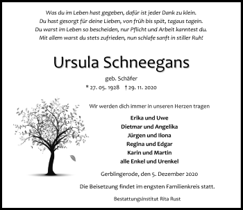 Traueranzeige von Ursula Schneegans von Eichsfelder Tageblatt