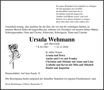 Traueranzeige von Ursula Wehmann von Aller Zeitung