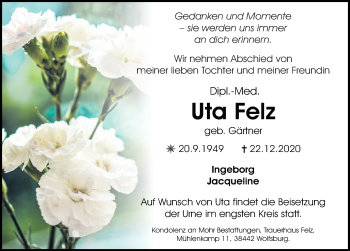 Traueranzeige von Uta Felz von Aller Zeitung