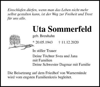 Traueranzeige von Uta Sommerfeld von Ostsee-Zeitung GmbH