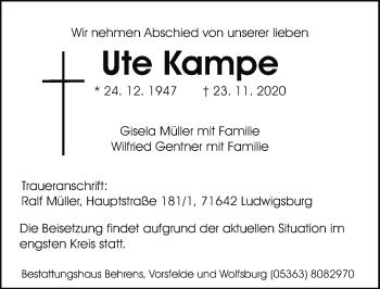 Traueranzeige von Ute Kampe von Aller Zeitung