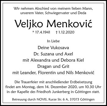 Traueranzeige von Veljko Menkovic von Göttinger Tageblatt